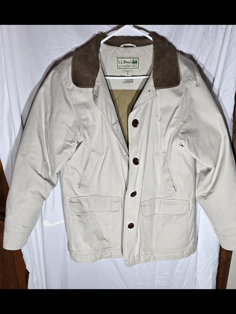 L.L. Bean Women's Cream Canvas Field Jacket with Brown Corduroy Collar